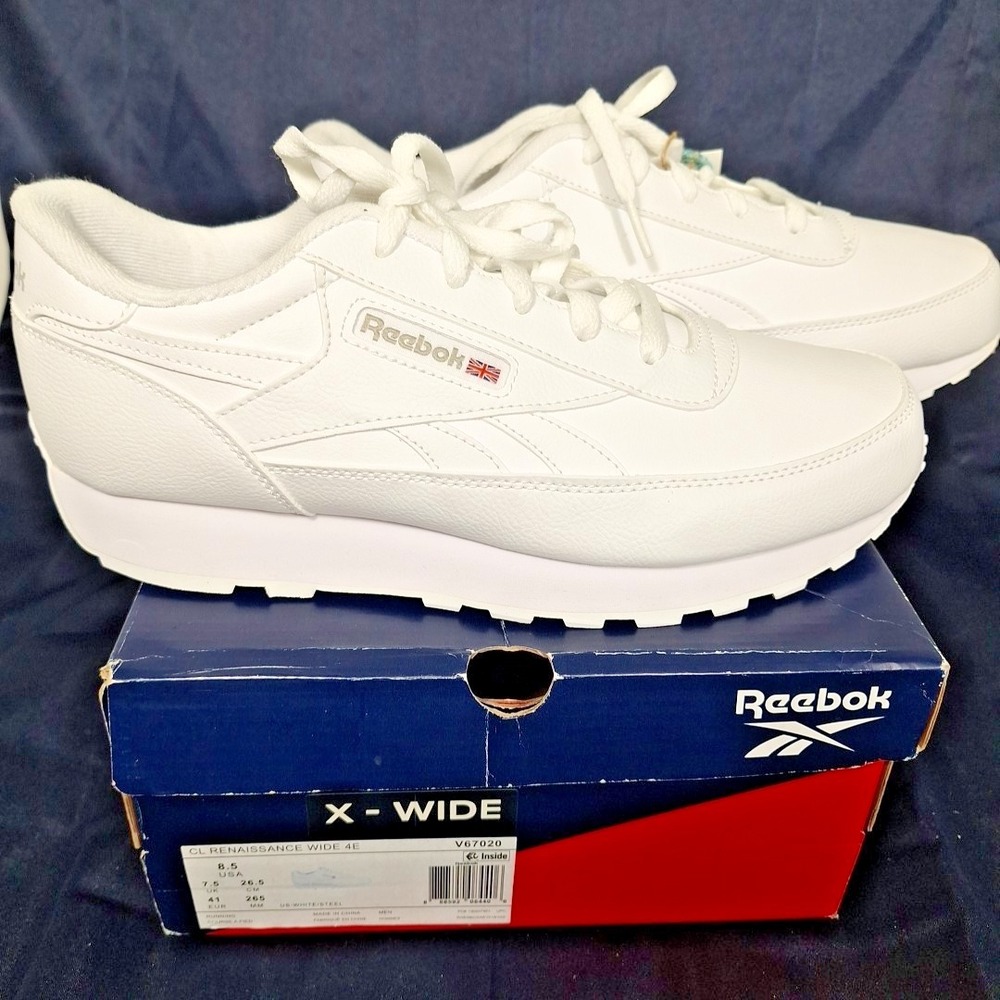 REEBOK Classic Renaissance 8.5‎ X-Wide Mens White Steel Sneakers 8 1/2 4E NEW OG